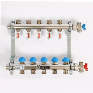 Коллекторная группа из нержавеющей стали с термостатическими вентилями и расходомерами REHAU 1"x3/4" 5 выходов