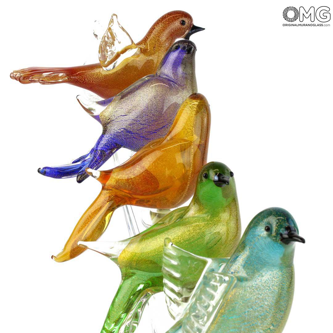 3883 ORIGINALMURANOGLASS Скульптура воробьи на ветке - золото 24 кт - муранское стекло OMG 33 см  - Вид №1