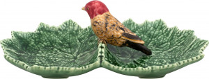 10583850 Bordallo Pinheiro Блюдо двухсекционное Bordallo Pinheiro Листья 22см, с красной птичкой, керамика Керамика