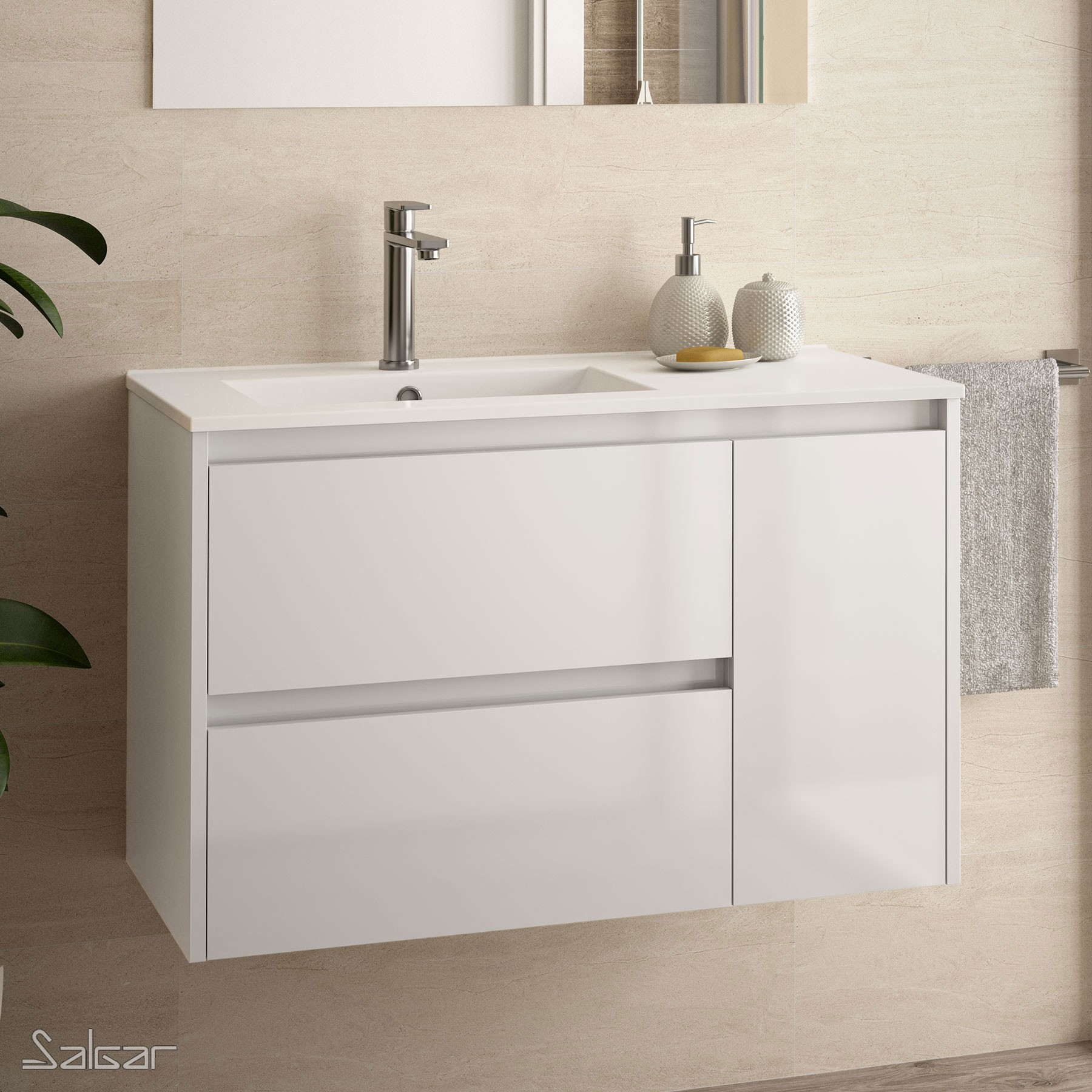 85054 SALGAR Мебель для умывальника NOJA 855 WHITE GLOSS LACQUERED + Раковина Глянцевый белый