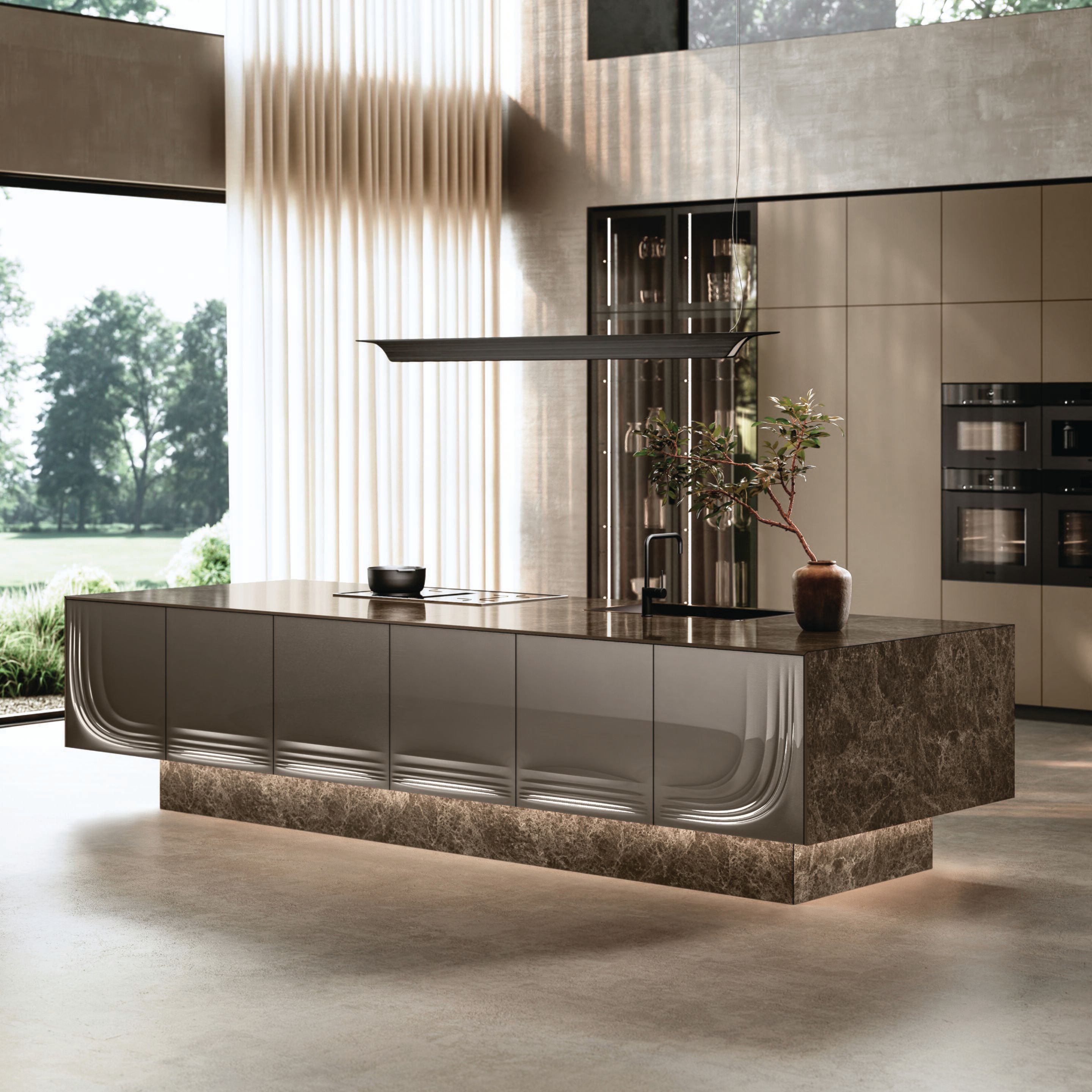 Встроенная кухня из Laminam® и стекла с островом Febal Casa Onda ARCH-00099934 - Вид №1