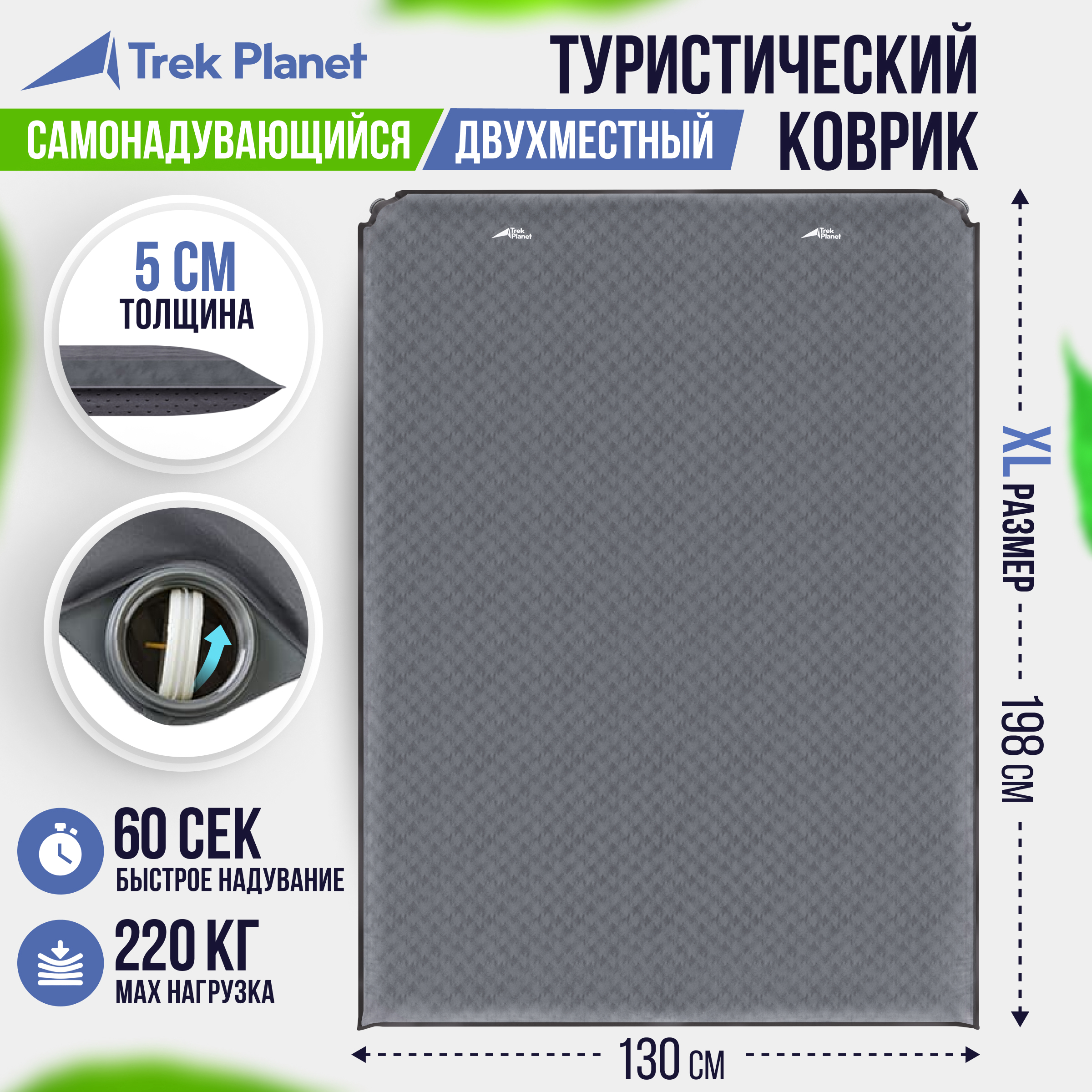 90310043 Коврик двухспальный Relax 50 Double 198х130х5 см кемпинговый цвет серый STLM-0178054 TREK PLANET