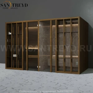 Effegibi YOKU.S SH YO.10320004  Комбинированная баня: хаммам и сауна. Установка: к стене Мощность: 10,5 кВт макс. Размеры: длина 342 см, ширина 170 см. Отделка: чёрный орех и темный керамогранит