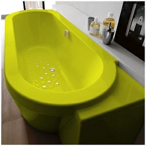 Ванна Gruppo treesse Playa V818C-SX-ZZ жёлтая с золотой фурнитурой и аэромассажем овальная угловая пристенная левая