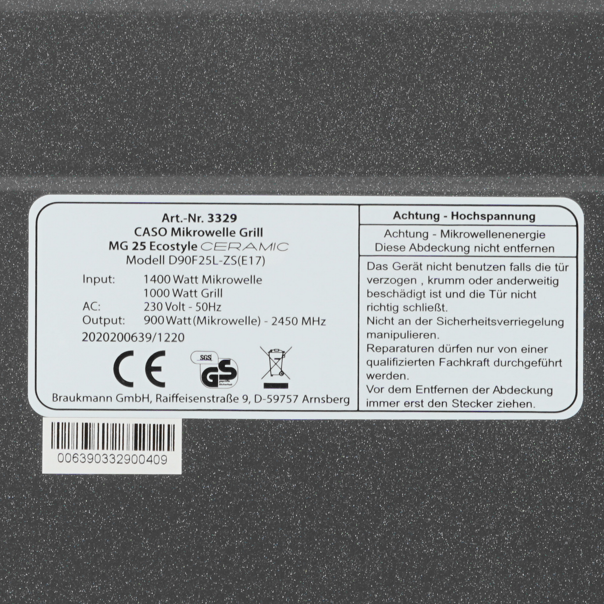 5342129 Микроволновая печь CASO MG 25 Ecostyle Ceramic серебристый STDN-0040277 - Вид №7