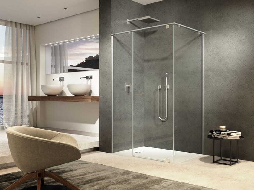 Стеклянная угловая душевая кабина с распашной дверью Provex Industrie Iunix ARCH-00144972