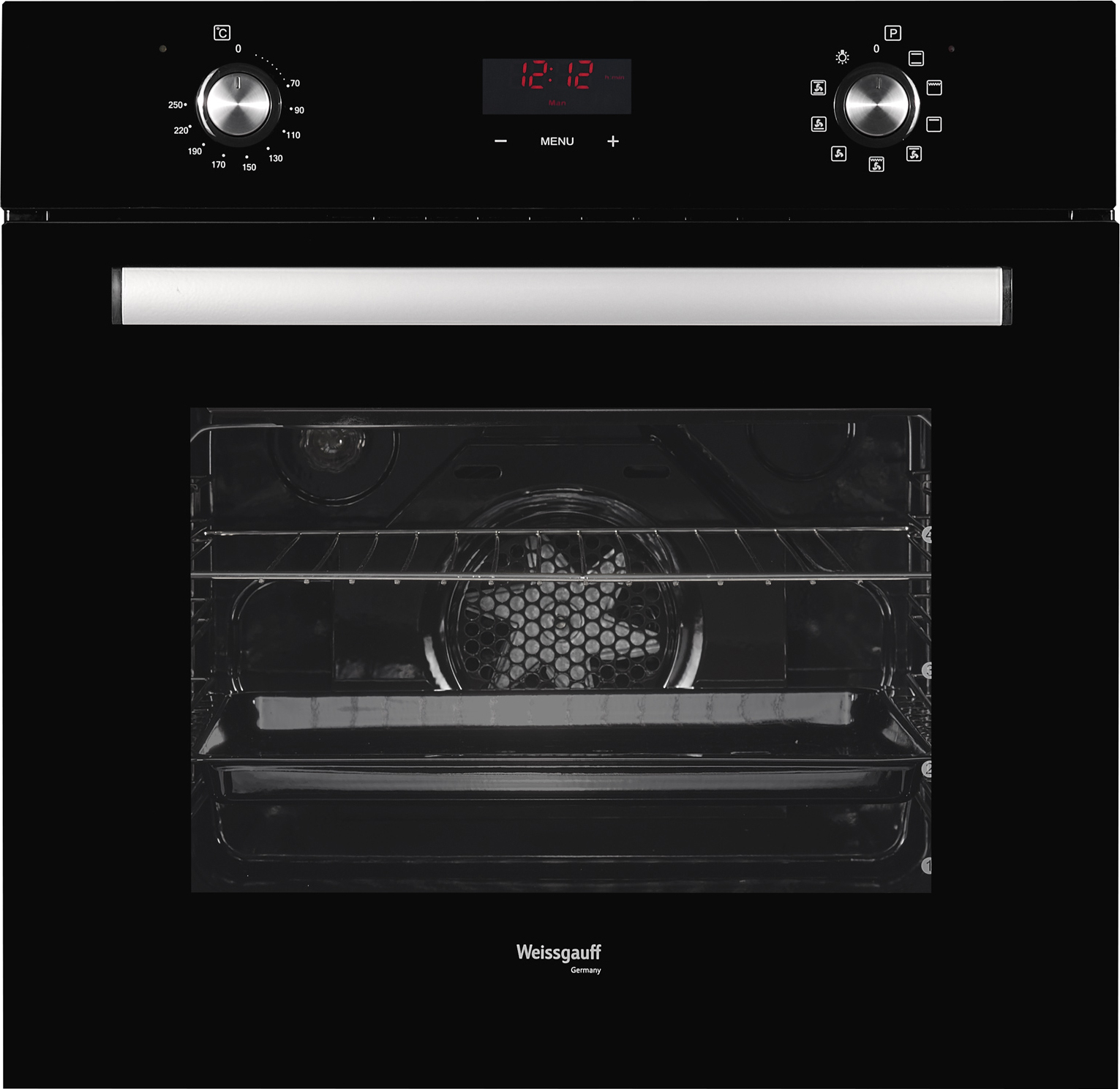 EOV 29 PDB 59.5х59.5x61 см, 64л, 9 режимов, утапливаемые переключатели, дисплей, электронное управление с сенсорными кнопками, гриль, конвекция, черное стекло Weissgauff Santreyd 