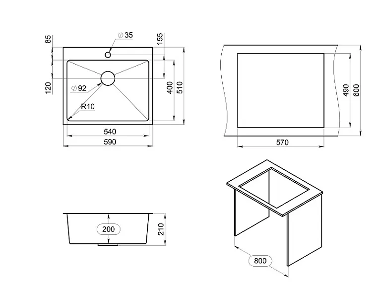 5951, СТАЛЬ САТИН, стальная кухонная мойка GRANULA 5951-ST312 - Вид №2