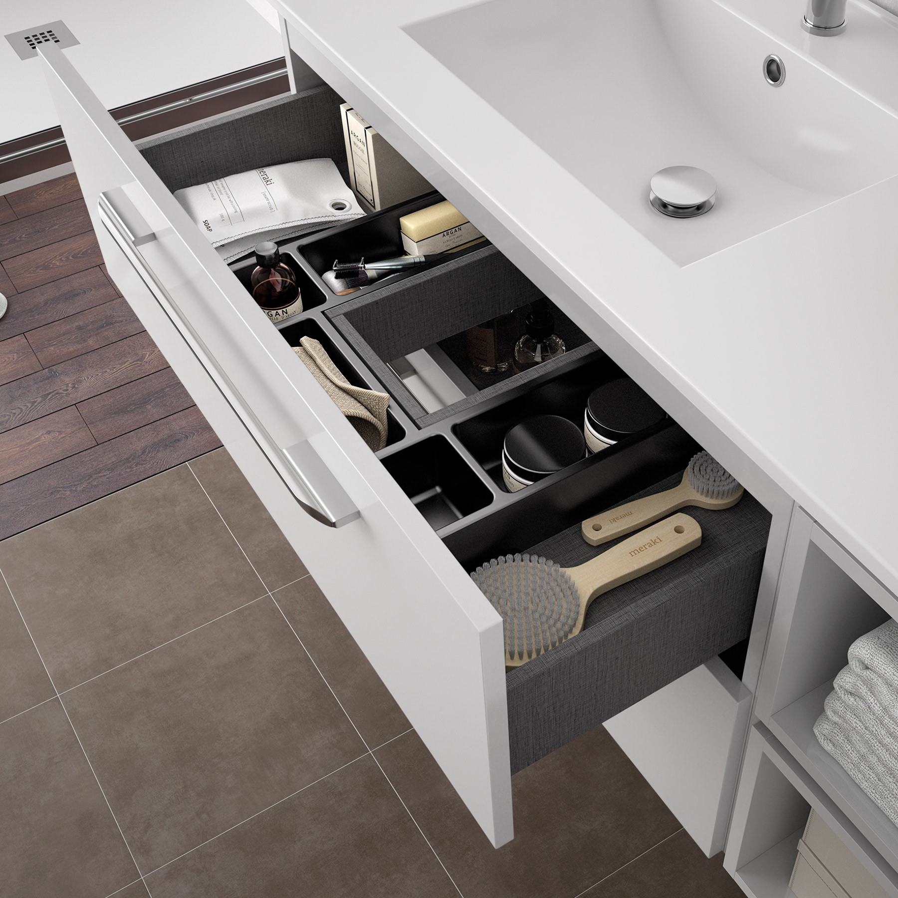 23287 SALGAR Мебель для умывальника FUSSION CHROME 700 2 ящика GLOSS WHITE 697 x 540 x 450 мм Глянцевый белый - Вид №4