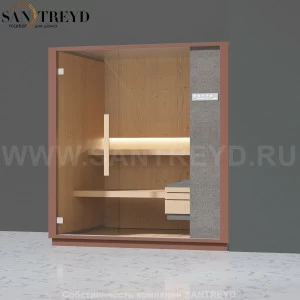 Effegibi ONE S LO50030007 Сауна. Установка: в правый угол. Правая дверь. Мощность: 6 кВт макс. Размеры: длина 214 см, ширина 171 см. Отделка: канадский хемлок, матовый лакированный серый аллюминий и бежевый ламинат из керамогранита.