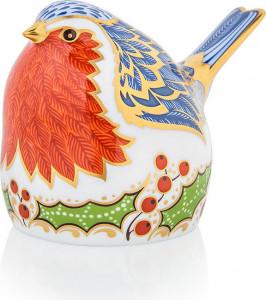 10570207 Royal Crown Derby Пресс-папье Royal Crown Derby "Малиновка с остролистом" 10см Фарфор костяной