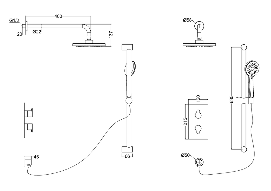 Душевая стойка с встроенным термостатом [V51 + V53] Britton Burlington V51, V53 120 x 215 x 132.4  - Вид №2