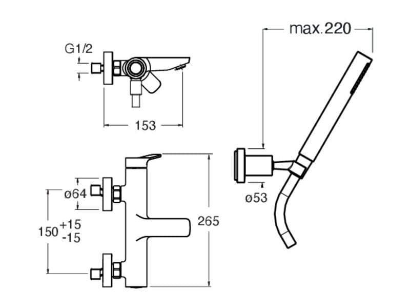 Настенный смеситель для ванны с ручным душем CRISTINA Rubinetterie Elevation ARCH-00142568 - Вид №2