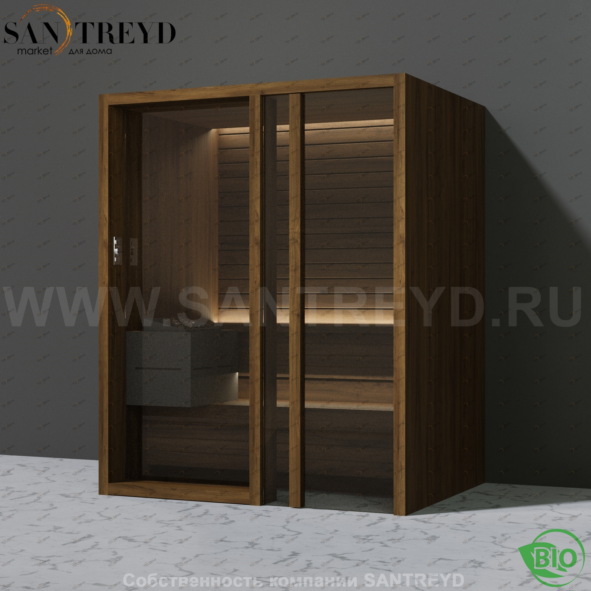 Effegibi YOKU.G45 BI.70300019 Био-сауна с правой дверью. Мощность: 4,5 кВт макс. Размеры: длина 174 см, ширина 132 см. Отделка: чёрный орех BI70300019