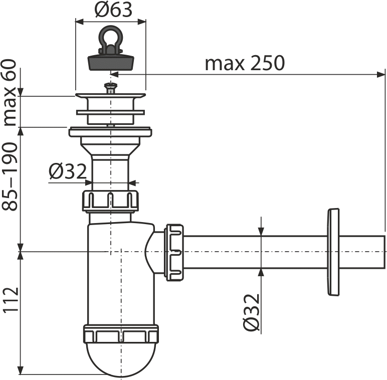 Сифон для умывальника DN32 с пластмассовой peшeткой DN63 ALCAPLAST A420 - Вид №1