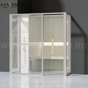 Effegibi LOGICAFILO H LO31020012 Хаммам. Установка: в полунишу. Левая дверь. Мощность: 4,5 кВт макс. Размеры: длина 214 см, ширина 250 см. Отделка: матовый лакированный белый аллюминий и серый ламинат из керамогранита.