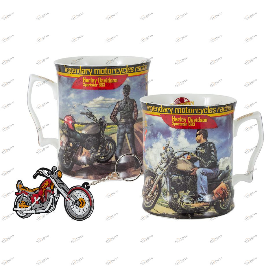 Кружка фарфоровая с брелоком 0,5 л серо-голубая "Мотоцикл Харлей - Дэвидсон Спортстер 883, юноша" CARMANI РЕТРО АВТОМОБИЛИ 00-3946522 Голубой;серый 