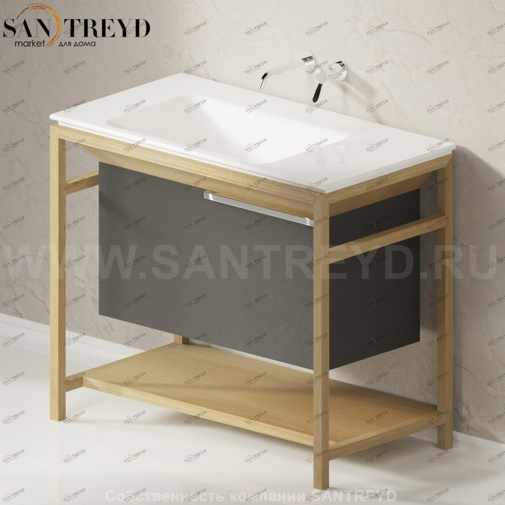 Раковина столешница с деревянной консолью натуральный дуб OTTOCENTO XL левая белая Agape AMXL101S0RT