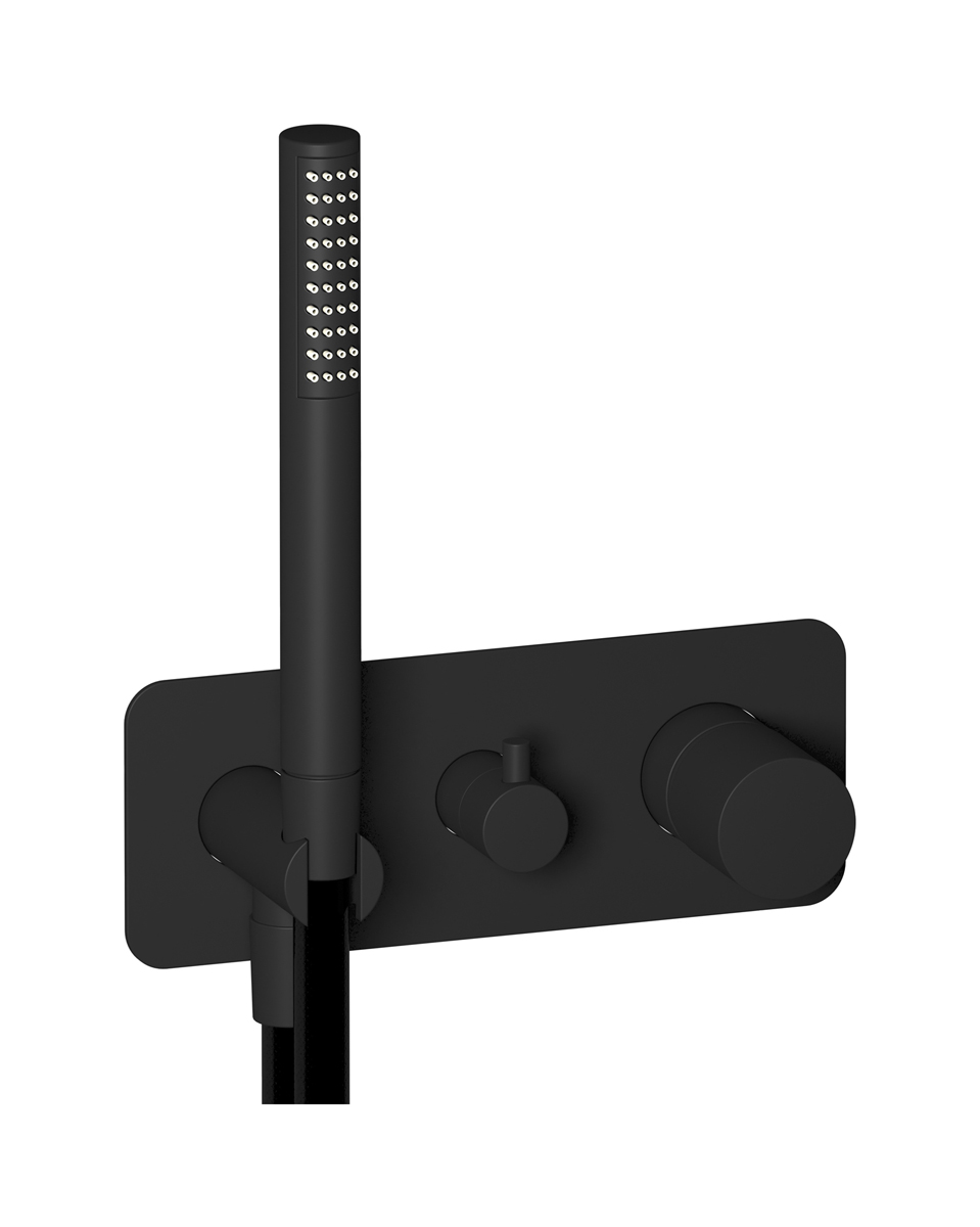 Внешние части встроенного в стену смесителя на 2 потребителя в комплекте с душевым гарнитуром. WE ARE IB rr313np Matt Black Brera