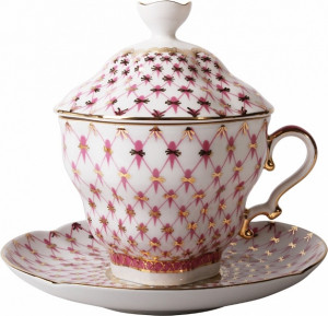 87064 Императорский фарфоровый завод Чашка чайная с блюдцем и крышкой ИФЗ "Сетка-Блюз" 275мл, ф.Подарочная2 Фарфор твердый