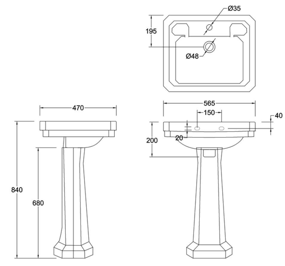 Прямоугольный умывальник из стекла на колонне Burlington Викторианская ARCH-00000638 - Вид №5