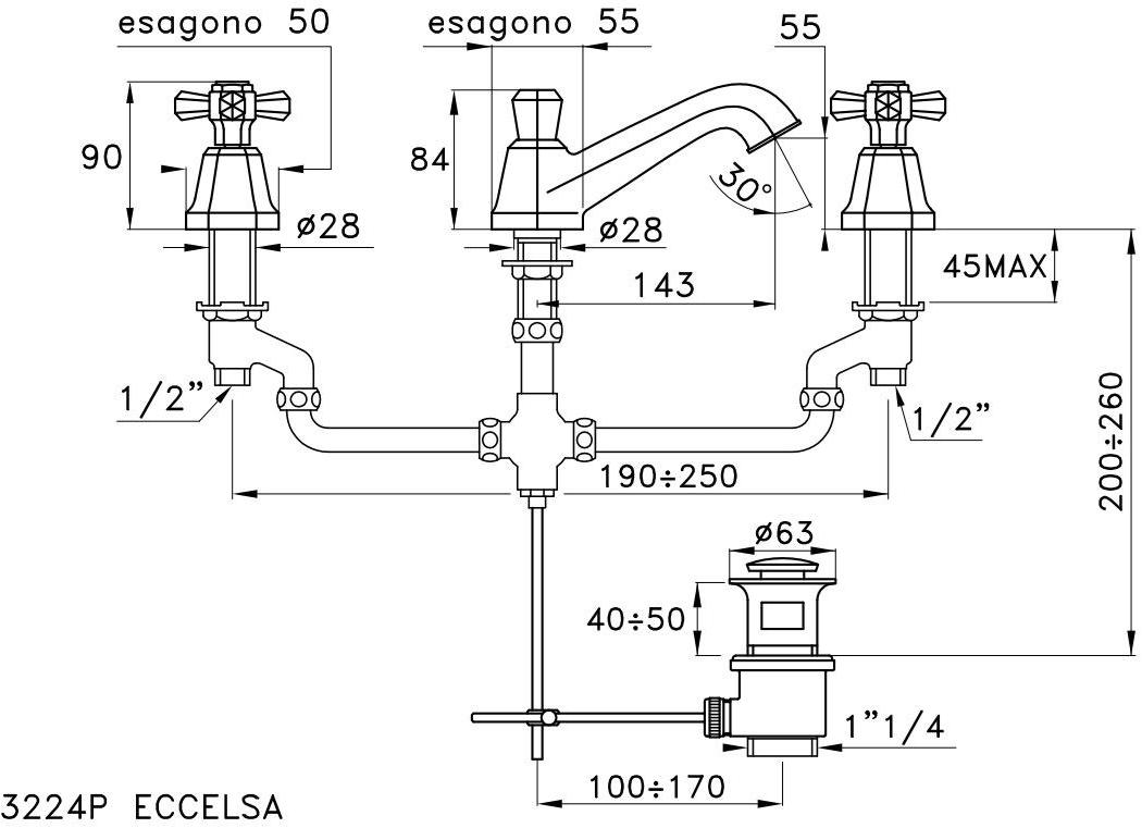 RUBINETTERIE STELLA Смеситель для раковины на 3 отверстия Eccelsa 3224p - Вид №4
