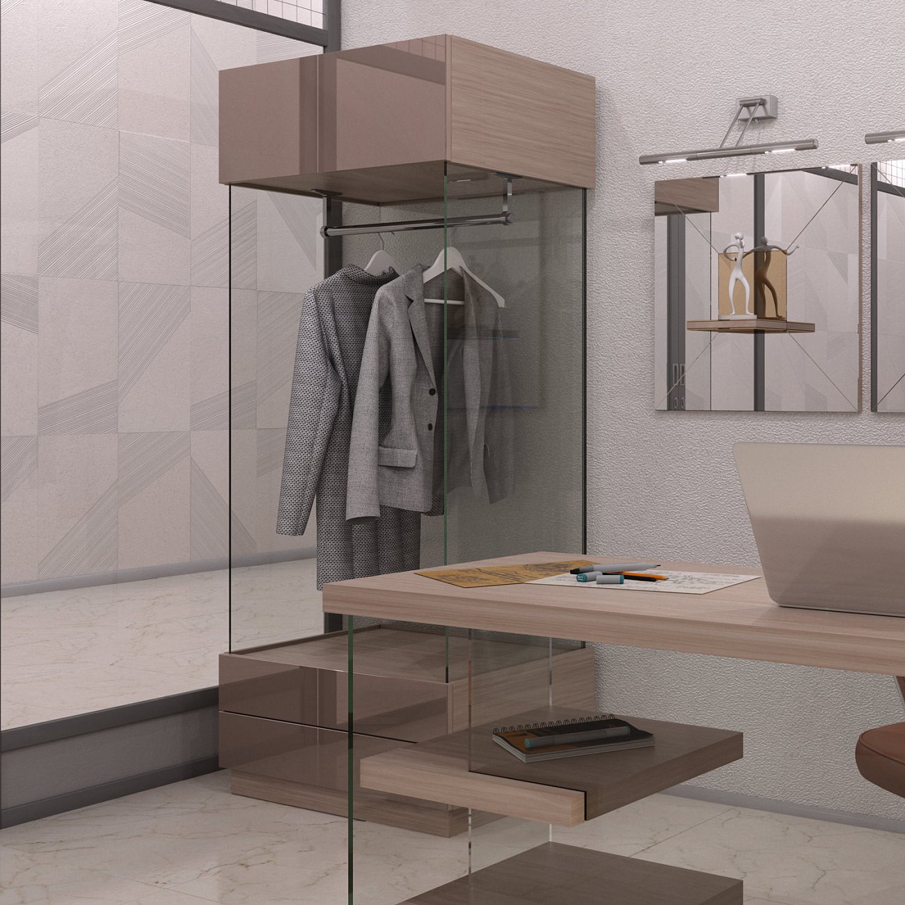 Шкаф для одежды бежевый с закаленным стеклом "Гоззи-3" GRAUM  304007 Бежевый;прозрачный  - Вид №2