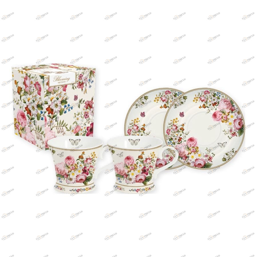 Кофейные чашки фарфоровые с блюдцами 2 шт белые "Цветочный карнавал" EASY LIFE ЦВЕТОЧНЫЙ КАРНАВАЛ 00-3946816 Белый;розовый 
