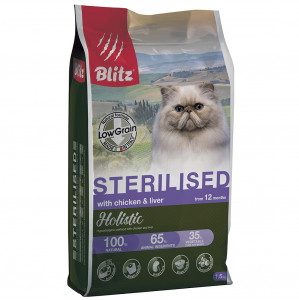 ПР0055607 Корм для кошек Holistic низкозерновой для стерилизованных, курица, печень сух. 1,5кг Blitz