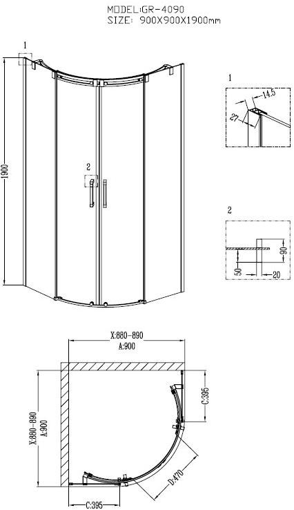 Душевое ограждение GROSSMAN GR-4090 Galaxy 90*90*190 полукруг, двери раздвижные - Вид №1
