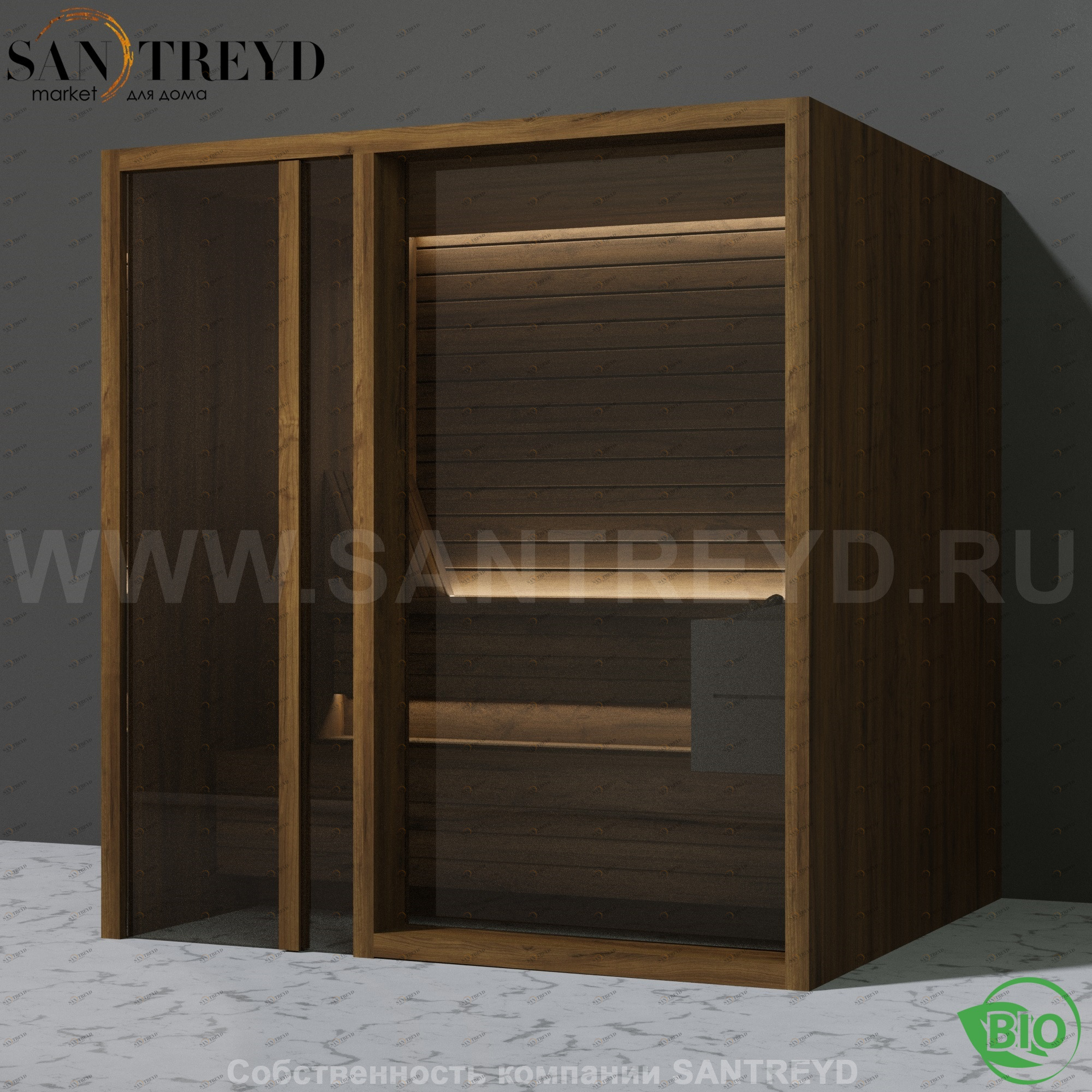 Effegibi YOKU.G80 BI.70300008 Био-сауна с левой дверью. Мощность: 9 кВт макс. Размеры: длина 202 см, ширина 180 см. Отделка: чёрный орех BI70300008