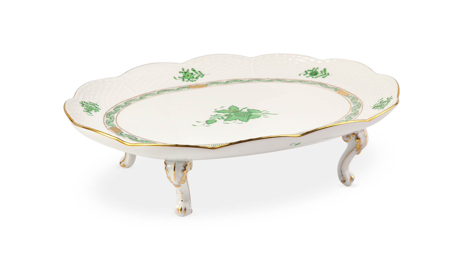 10599146 Herend Блюдо овальное на ножках 31,5см "Аппони, зеленый декор" Фарфор  - Вид №1