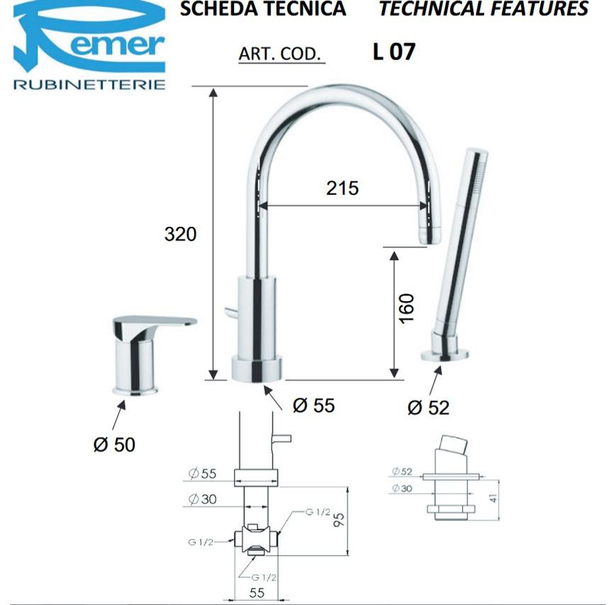 Remer Rubinetterie Комплект для ванны на 3 отверстия с ручным душем Class line L 07 - Вид №1