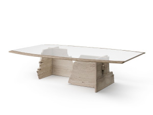 Прямоугольный журнальный столик из травертина и стекла