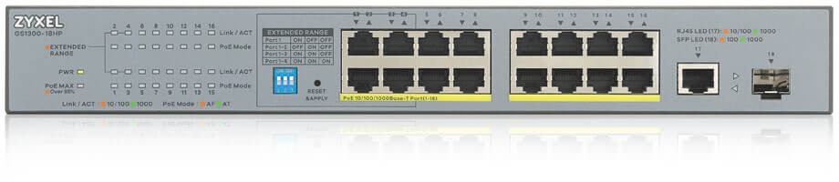GS1300-18HP-EU0101F gs1300-18hp poe+ switch for ip cameras, 17xge (16xpoe +), 1xsfp, poe budget of 170 w, power transmission distance up to 250 m, increased overvoltage and esd protection ZyXEL Santreyd 