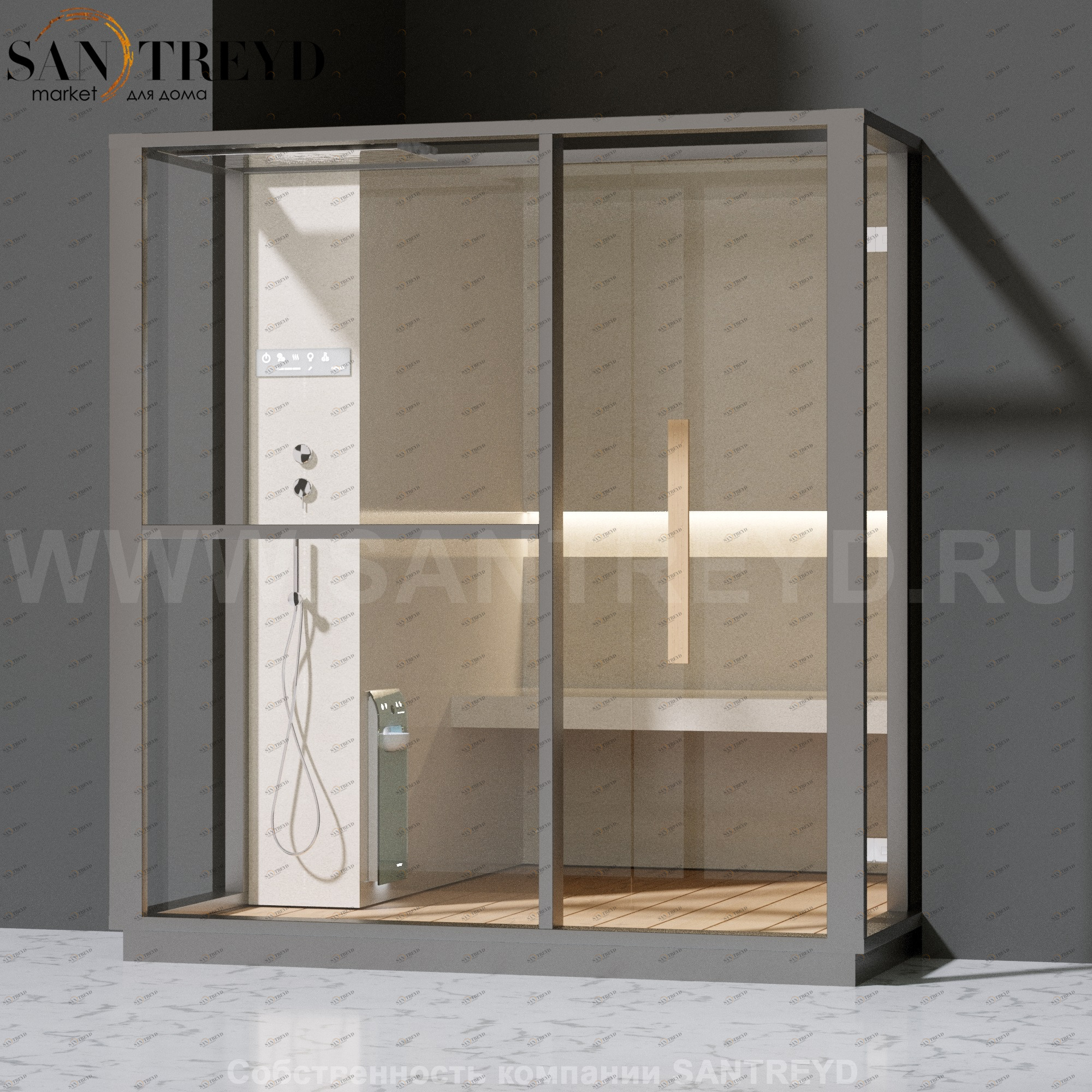 Effegibi LOGICA H LO30010012 Хаммам. Установка: в полунишу. Левая дверь. Мощность: 4,5 кВт макс. Размеры: длина 214 см, ширина 250 см. Отделка: матовый лакированный серый аллюминий и бежевый ламинат из керамогранита.