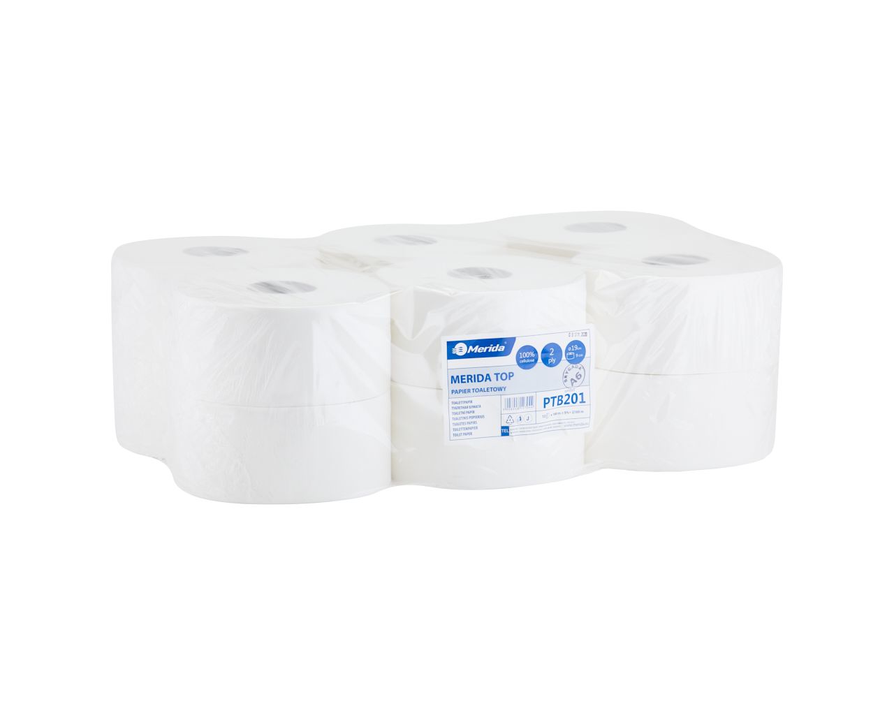 PTB201 Туалетная бумага TOP, белая, диаметр 19 см, длина 180 м, двухслойная, в упаковке 12 шт. Merida 