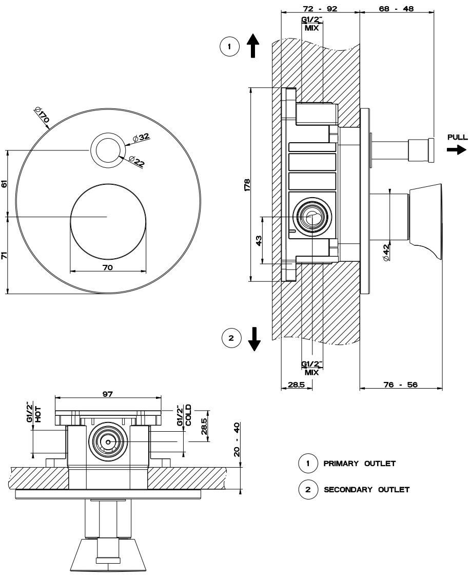 Хромированный латунный смеситель для душа с переключателем Gessi конус ARCH-00064364 - Вид №2