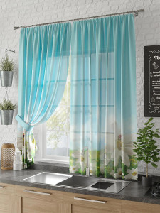 90630687 Тюль на шторной ленте для кухни Сагита 150х180 см цвет синий STLM-0317122 HELGA