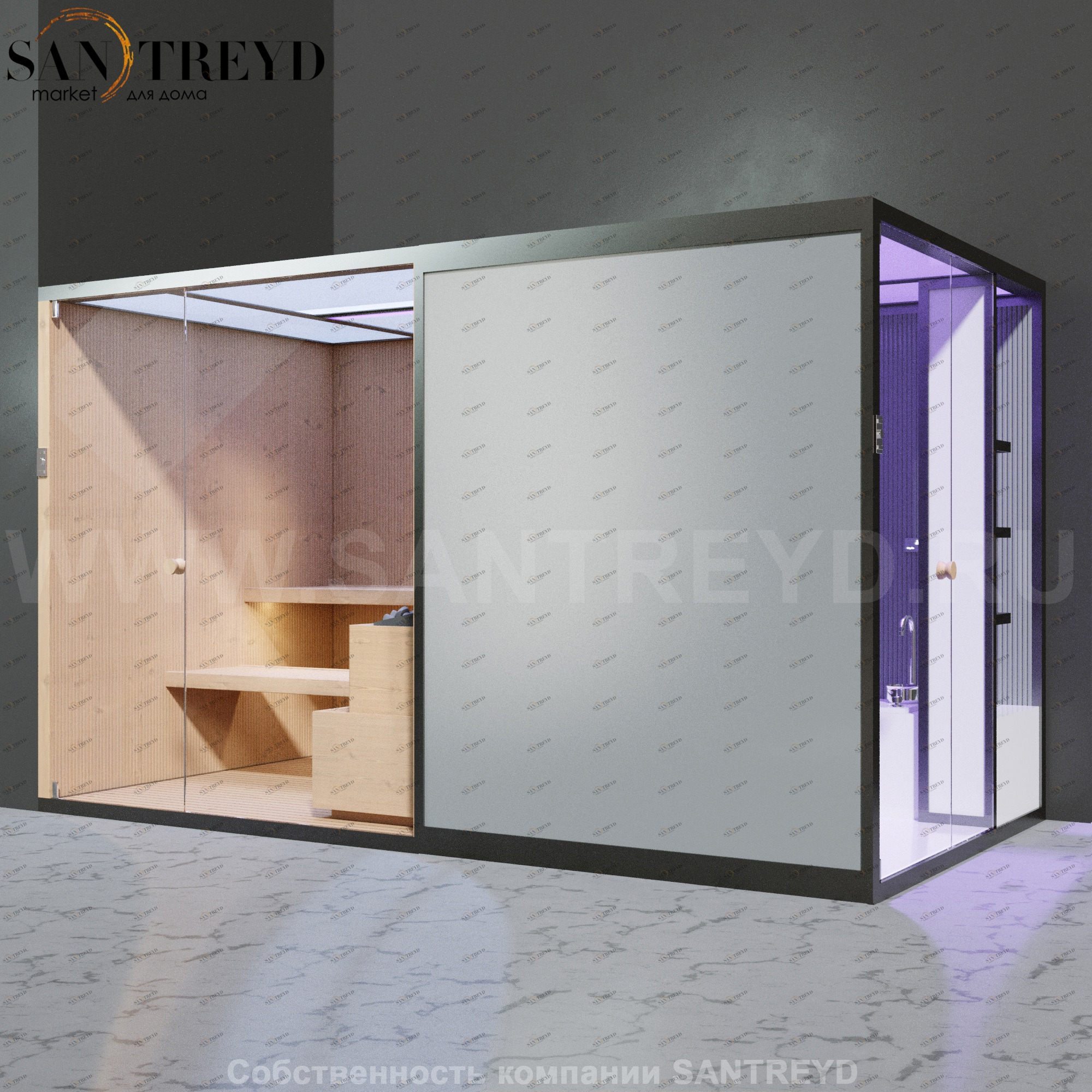 Effegibi BODYLOVE SH BL45140005 Боковая комбинированная баня: хаммам и сауна. Установка: в левый угол. Мощность: 15 кВт макс. Размеры: длина 393 см, ширина 176 см. Отделка: канадский хемлок, трубчатое стекло и гладкое стекло.