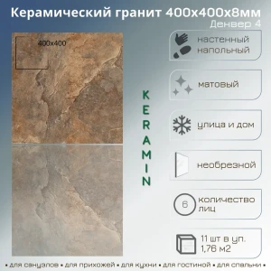 91217521 Керамогранит Керамин Денвер 40x40см 1.76 м² цвет коричневый, цена за упаковку STLM-1471337