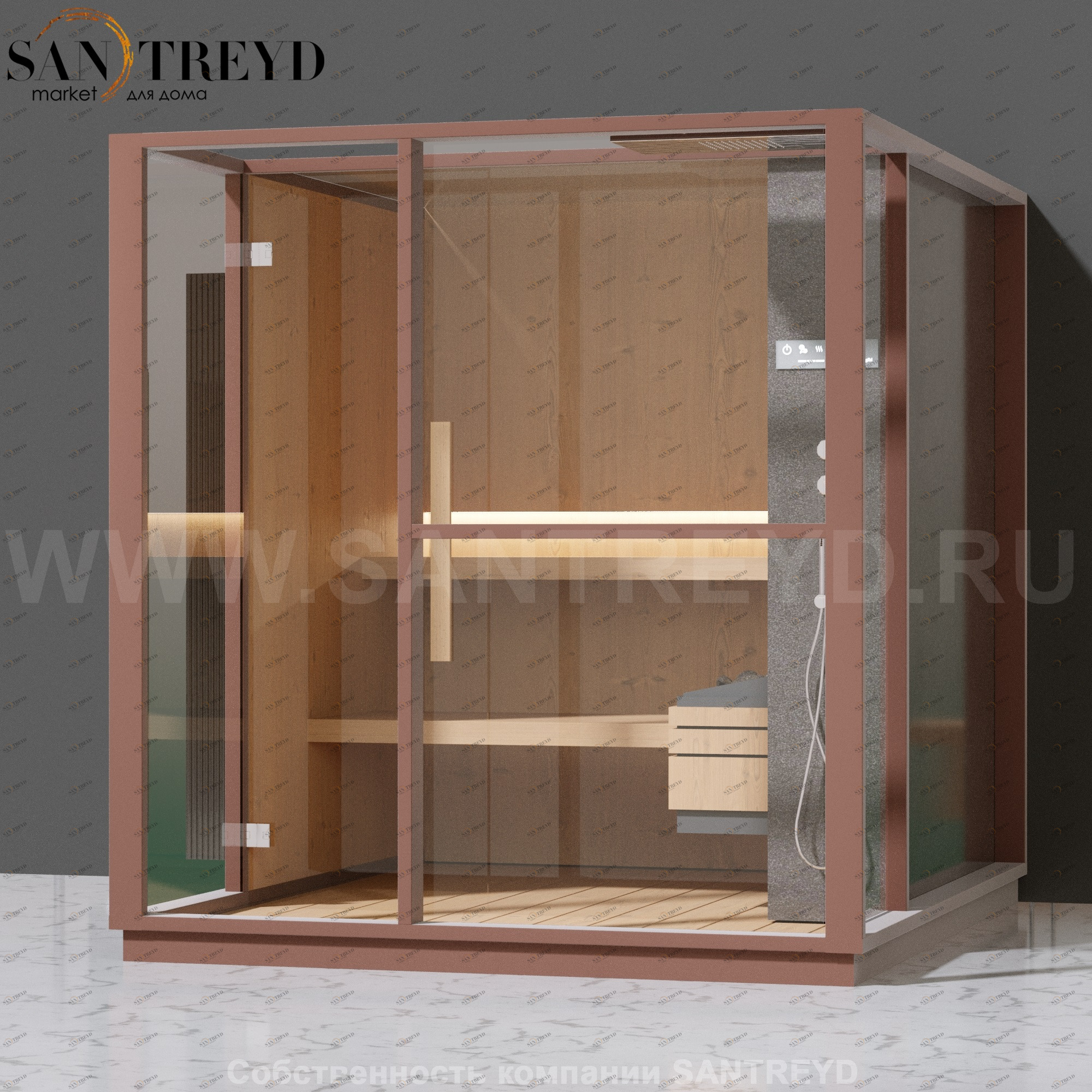 Effegibi LOGICA S LO20030001 Сауна. Установка: к стене. Правая дверь. Мощность: 6 кВт макс. Размеры: длина 214 см, ширина 250 см. Отделка: канадский хемлок, матовый лакированный коричневый аллюминий и темный ламинат из керамогранита.