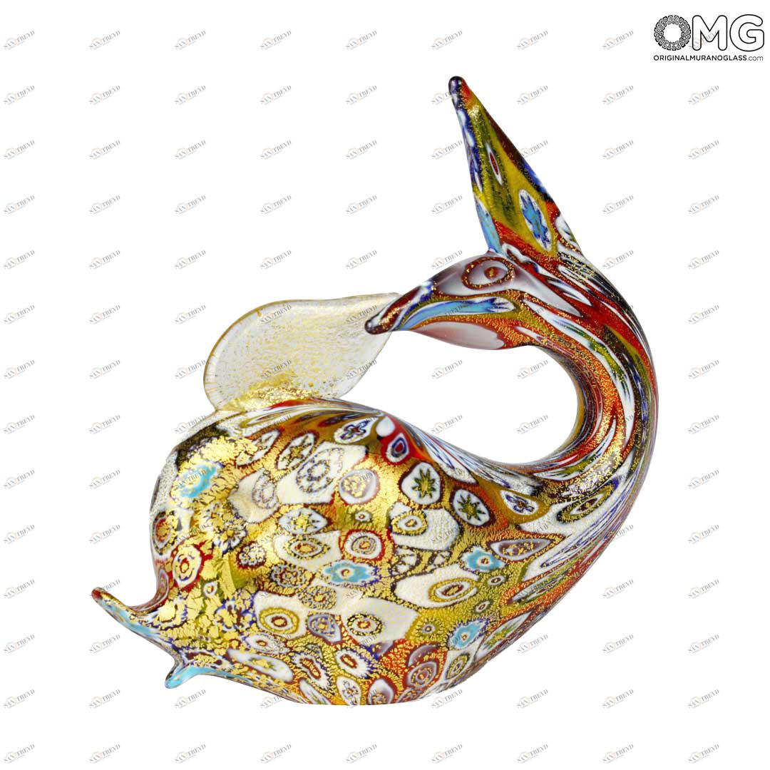2105 ORIGINALMURANOGLASS Фигурка кита из муранского стекла с золотом и мурринами миллефиори  см 