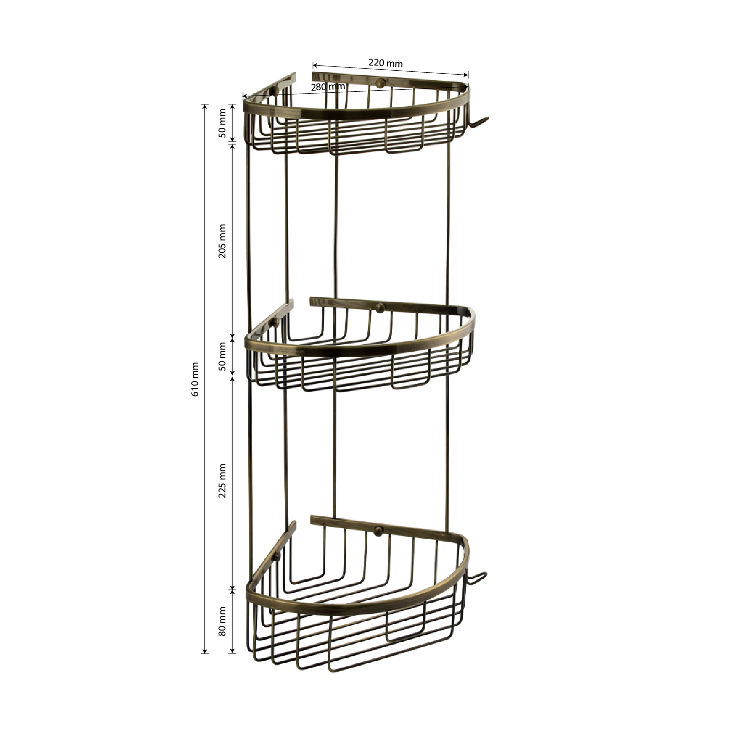 GFmark - Полочка угловая овальная тройная 22 см решетка - БРОНЗА, код: 77257  - Вид №7