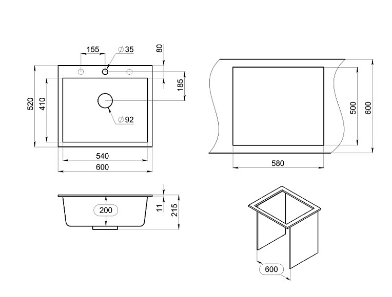 6001, ТУРМАЛИН, кухонная мойка, кварц GRANULA 6001-ST129 - Вид №3