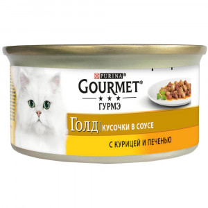 Т00007720 Корм для кошек Голд Кусочки в соусе, с курицей и печенью, банка 85 г Gourmet