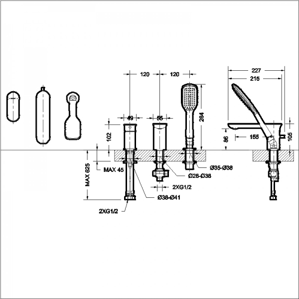 Смеситель на ванну  на три отверстия GINA F565104C-2-ENG bravat - Вид №1