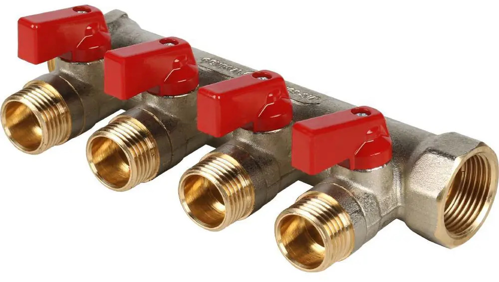 93716878 Коллектор с шаровыми кранами Stout 3/4" 4 отвода 1/2" красные ручки STLM-0807331
