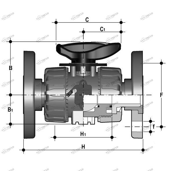 SANIT 127448081040 2-ходовой шаровой кран d20-63, VKR DualBlock®, PP, фиксированный фланец, FPM 