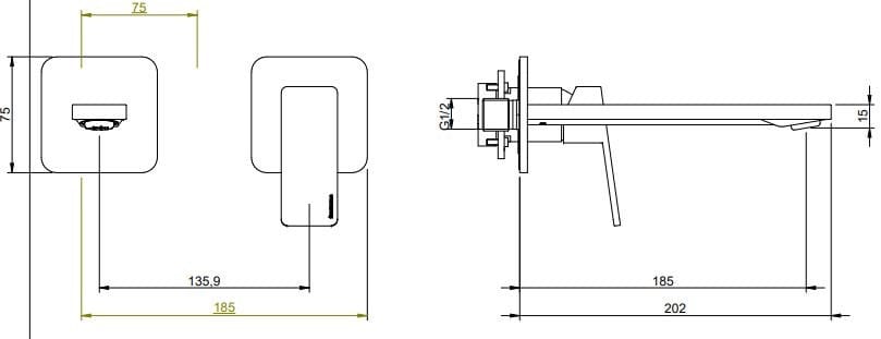 Латунный однорычажный настенный смеситель для раковины с 2 отверстиями Rubinetterie Treemme PA36 ARCH-00041005 - Вид №2